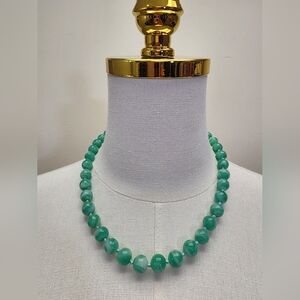 Vintage Green Stone Beaded Necklace Carved Floral Clasp Graduated Heavy